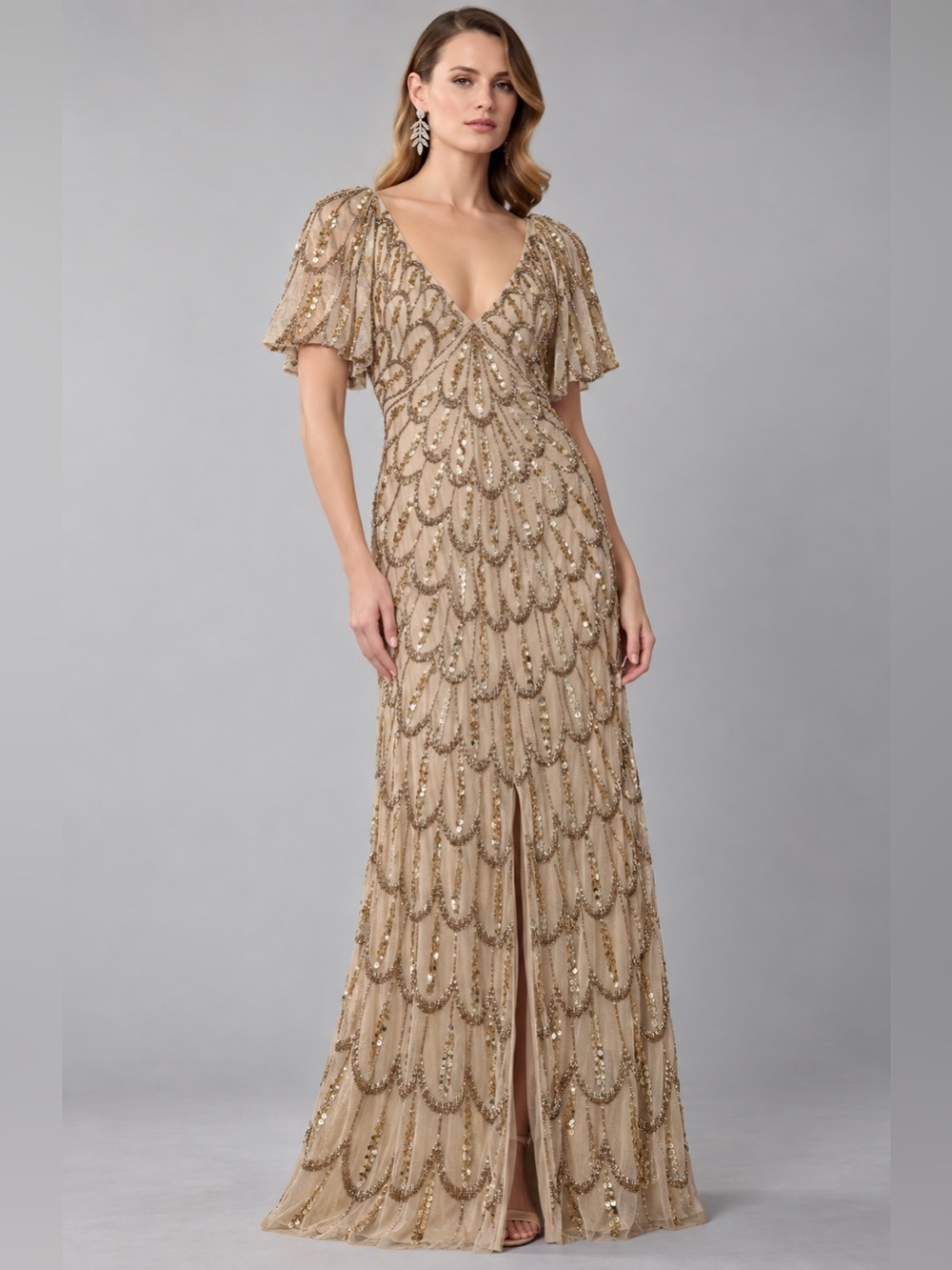 NWT Aidan Mattox Adrianna Papell Beaded Sequin Embellished Art Deco Maxi Gown 8